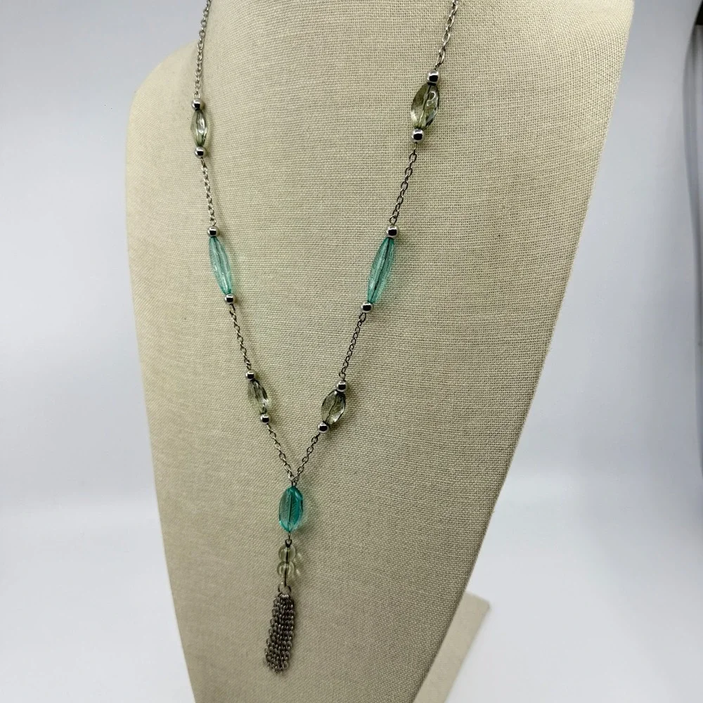 Necklace Turquoise Tone Green Bead Y Drop Silver Tone Chain Tassel Statement